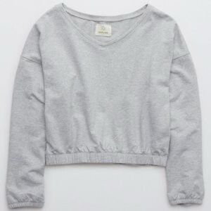 Offline by Aerie Gray V-Neck Cropped Sweatshirt